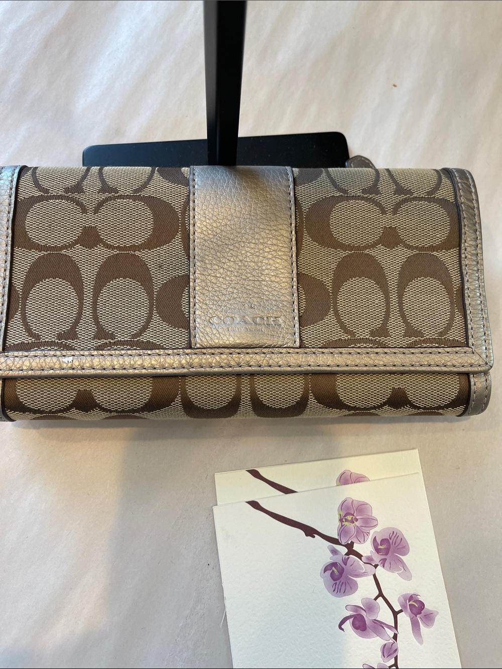 Coach Metallic Trim Signature Continental Wallet in Brown